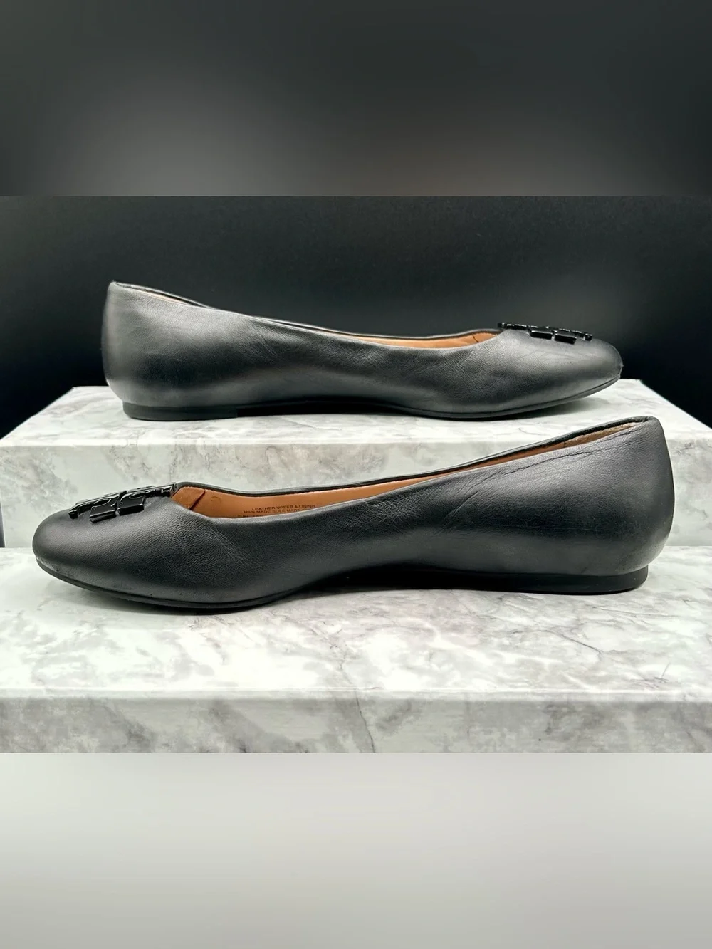 Tory Burch Black Leather Logo Ballet Flats